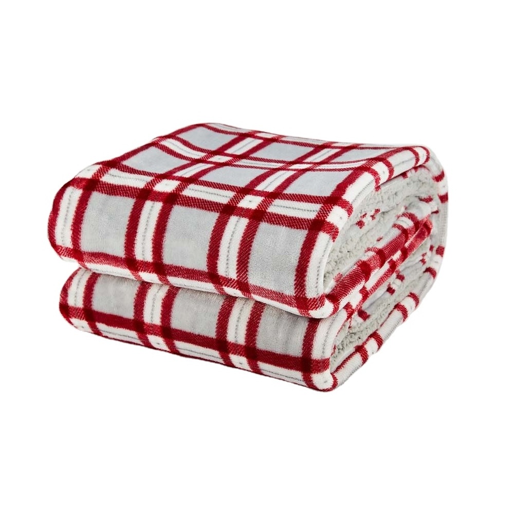 Custom Red Plaid Pattern Reversible Warm Plush Sherpa Fleece Blanket For Winter