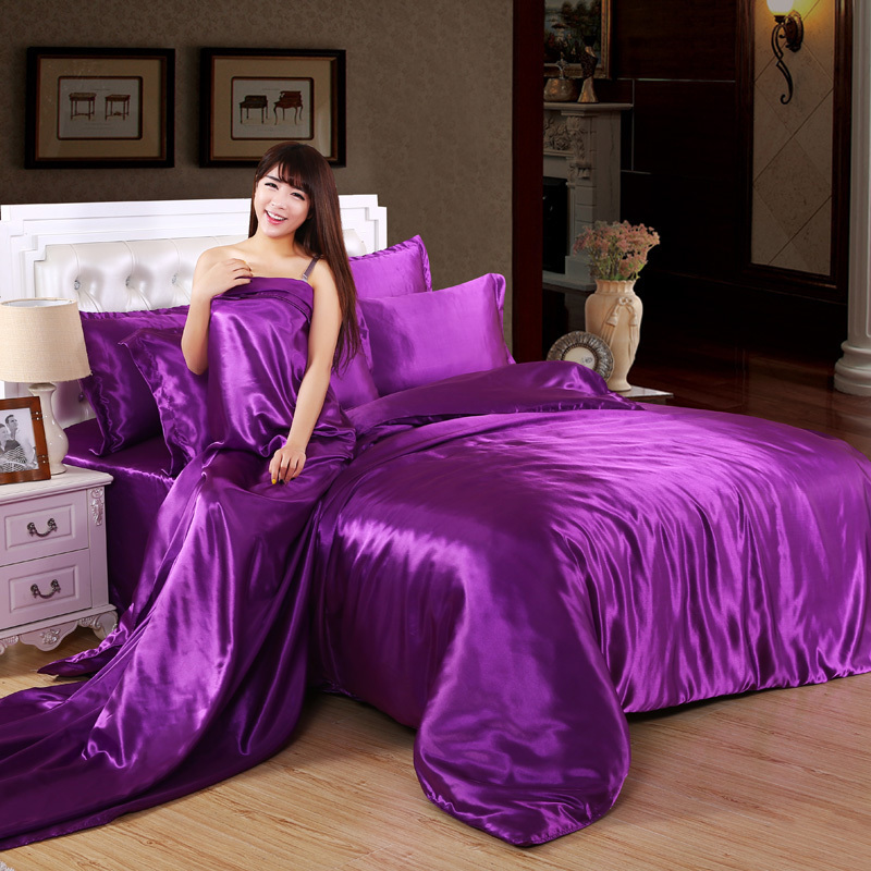 Soft Silky Satin Solid Purple 4pc Deep Pocket Bedding Set for Queen Bed