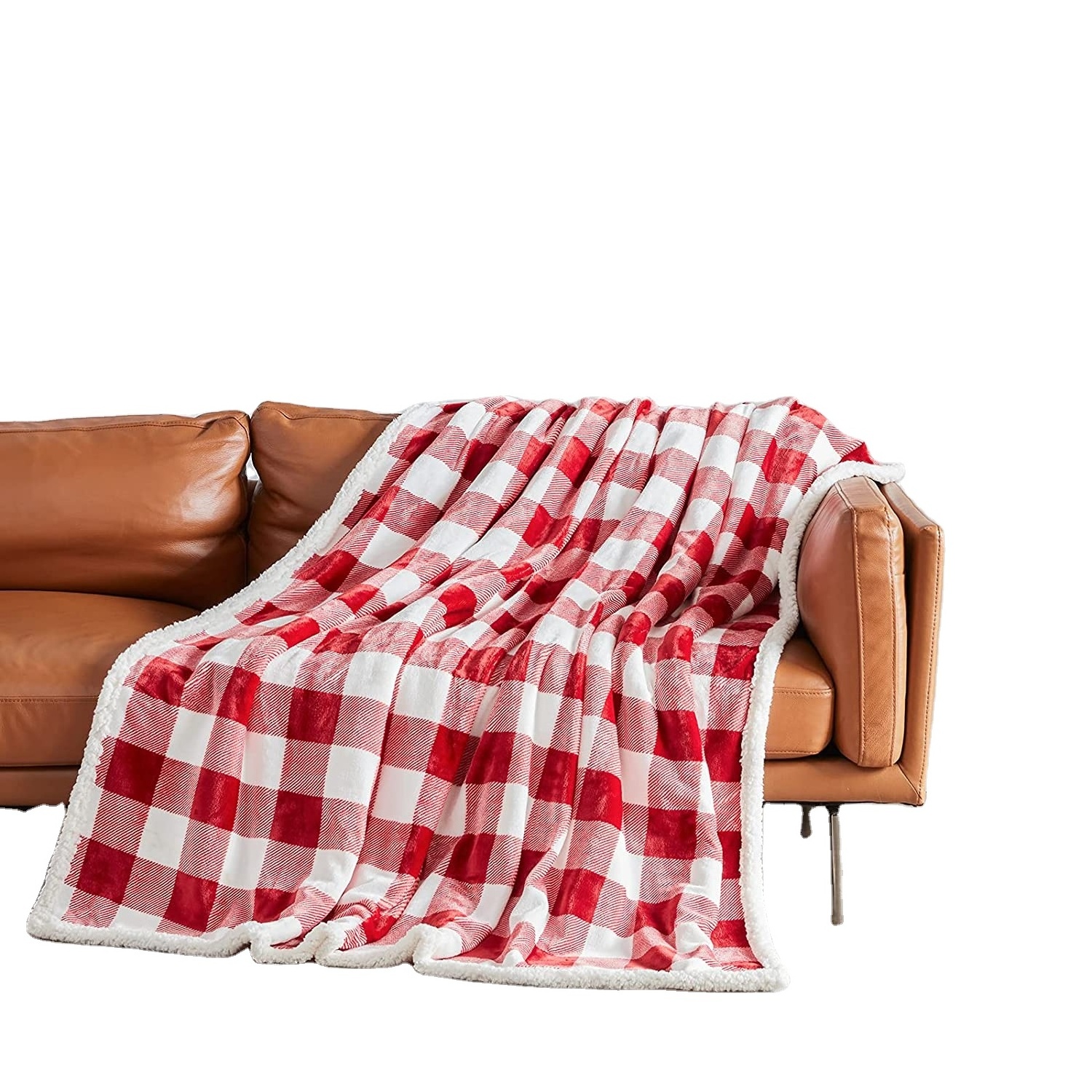 Custom Red Plaid Pattern Reversible Warm Plush Sherpa Fleece Blanket For Winter