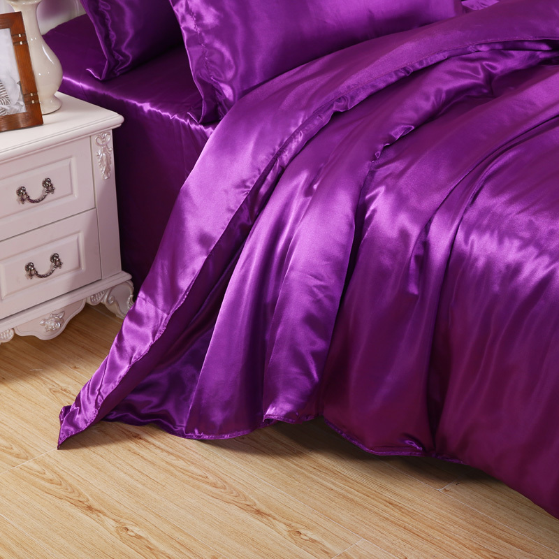 Soft Silky Satin Solid Purple 4pc Deep Pocket Bedding Set for Queen Bed