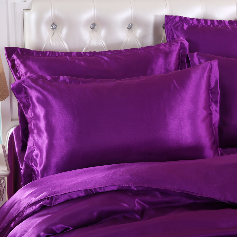 Soft Silky Satin Solid Purple 4pc Deep Pocket Bedding Set for Queen Bed