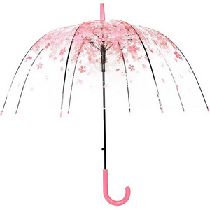 Cute Flower Clear Transparent Bubble Umbrellas for Kids Girls Boys Dome Stick Parasol Windproof Cherry Blossoms Umbrella