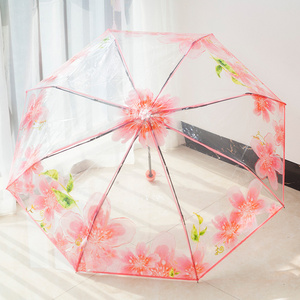 Fashionable Japan Style Folding Parasol Portable Transparent Sakura Flower Rain Umbrella For Women