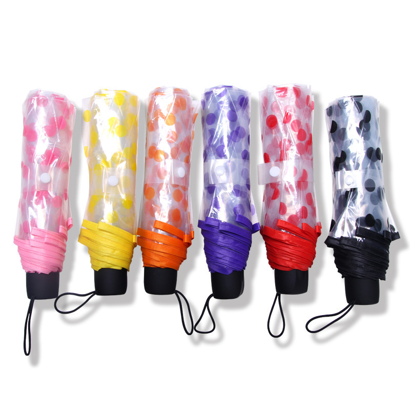 Girls Transparent Dot Plastic Umbrella Clear Colorful 3 Folding Rain Umbrellas