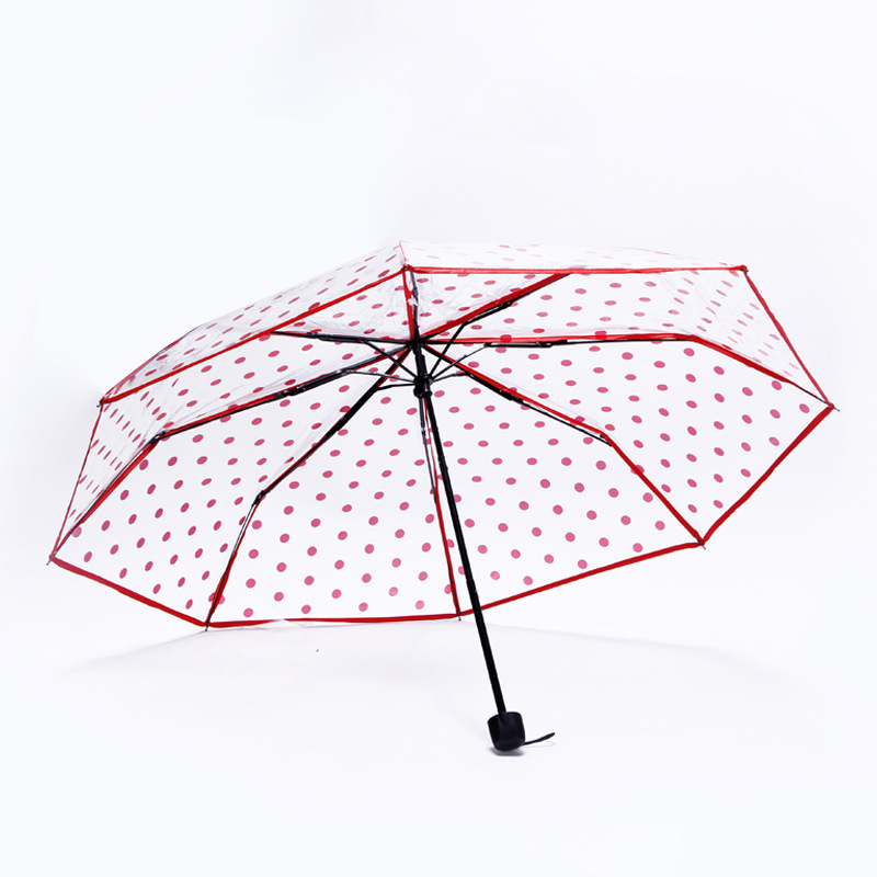 Girls Transparent Dot Plastic Umbrella Clear Colorful 3 Folding Rain Umbrellas