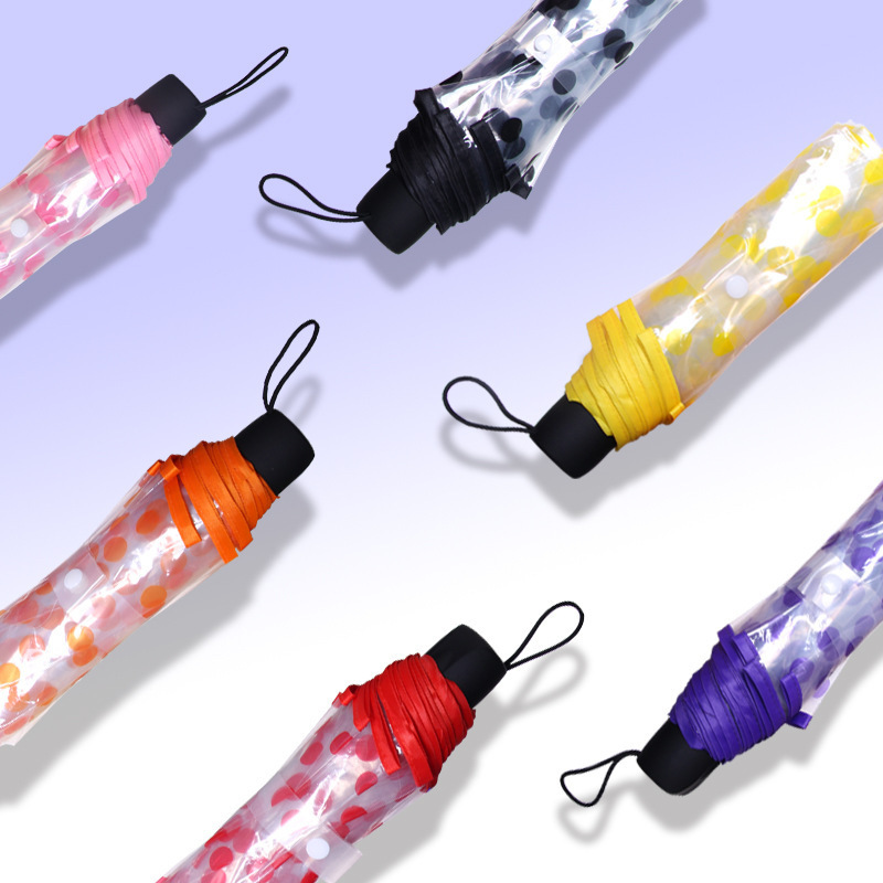 Girls Transparent Dot Plastic Umbrella Clear Colorful 3 Folding Rain Umbrellas