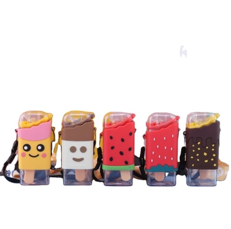 Custom Wholesale Cute Cartoon Ice Cream Children With Strap Portable Plastic Bottles Fashion Popsicle Straw Water Cup