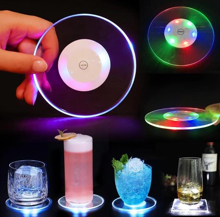 Customized Acrylic Button Switch Flashing Waterproof Coaster Wedding Fancy Decoration Bar Led Light Up Round Shape Cup Mats