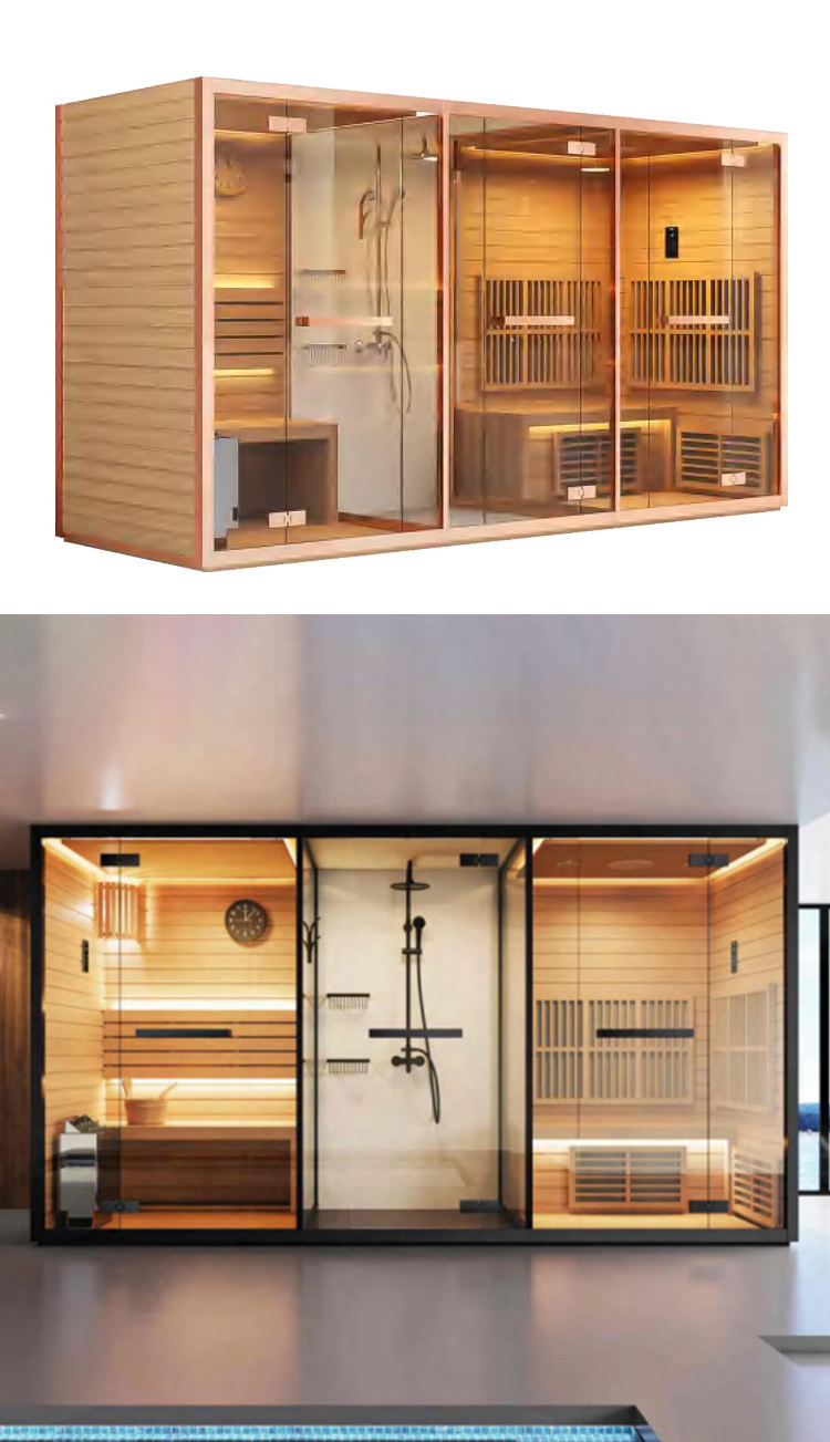 Customized Shower Wooden Steam Sauna Room Three Functions With Tempered Glass Door