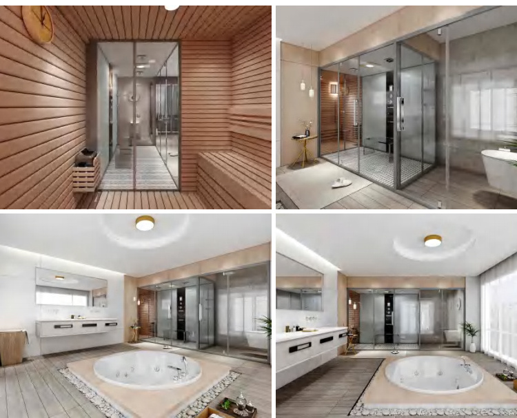 Customized Shower Wooden Steam Sauna Room Three Functions With Tempered Glass Door