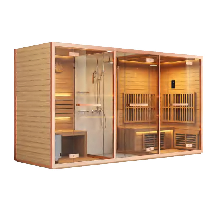 Customized Shower Wooden Steam Sauna Room Three Functions With Tempered Glass Door