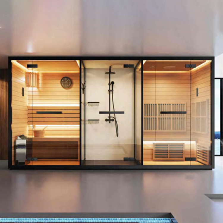 Customized Shower Wooden Steam Sauna Room Three Functions With Tempered Glass Door