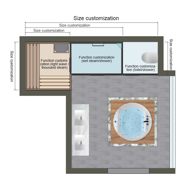 Customized Shower Wooden Steam Sauna Room Three Functions With Tempered Glass Door