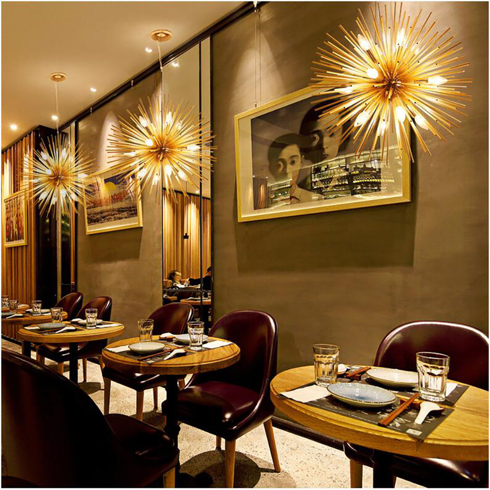 Creative Nordic LED Sputnik Pendant Lamp Aluminum Dandelion Fixture Chandeliers Gold Rounded Firework Chandelier Lighting