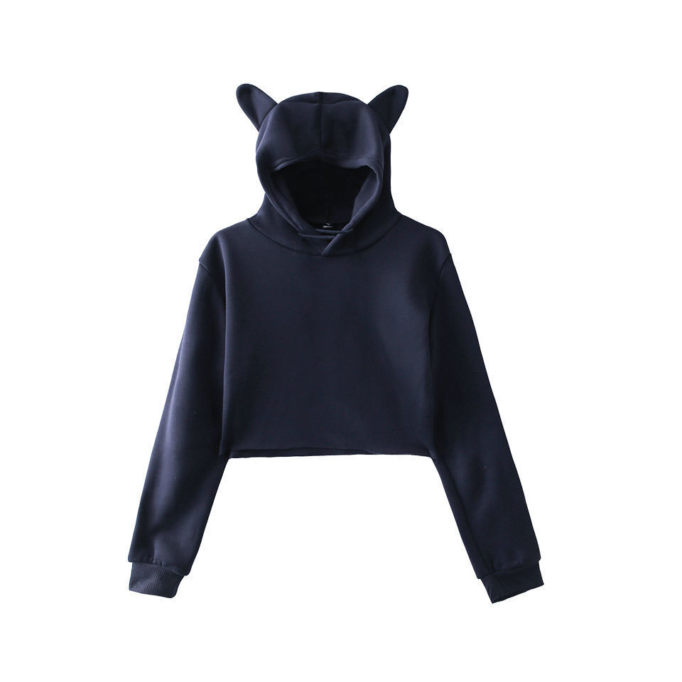 Factory Blank Teen Girls Womens Cat Ear Crop Top Hoodies Long Sleeve Dew Navel Pullover Sweatshirts