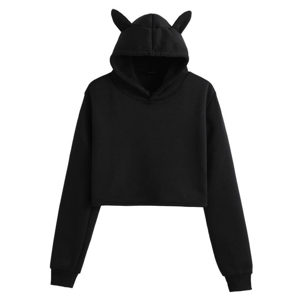 Factory Blank Teen Girls Womens Cat Ear Crop Top Hoodies Long Sleeve Dew Navel Pullover Sweatshirts