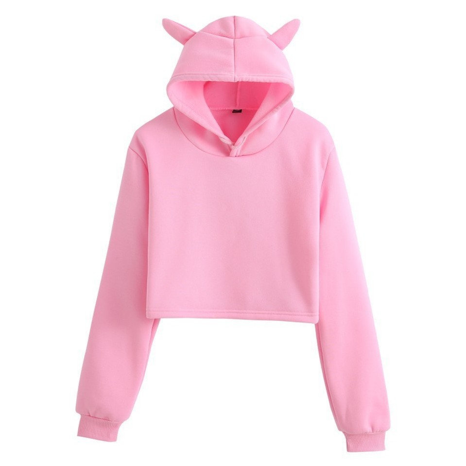 Factory Blank Teen Girls Womens Cat Ear Crop Top Hoodies Long Sleeve Dew Navel Pullover Sweatshirts