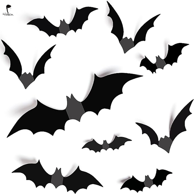 helen Halloween Decor Bats Wall Decor Halloween Supplies 64 Pcs Reusable PVC 3D Black Bats Stickers for Creepy Home