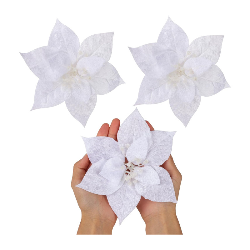 Christmas Poinsettia artificial flower Cloth Christmas Tree decorative flower clip and stem, used for garland Christmas trees