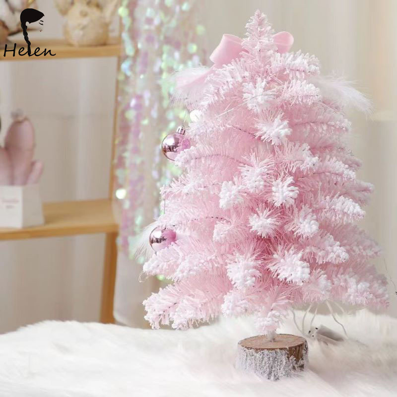 The Christmas small flocking tree is a Mini Christmas tree with drooping pink branches, which is beautifully decorated