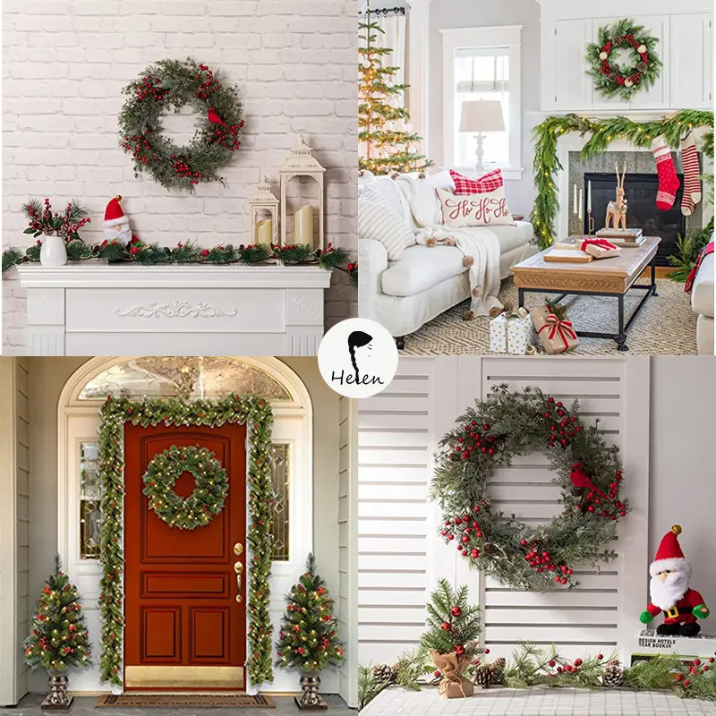 Christmas green leaf wreath suitable for front door artificial wreath decorated with berries and pine branches indoors and outdo