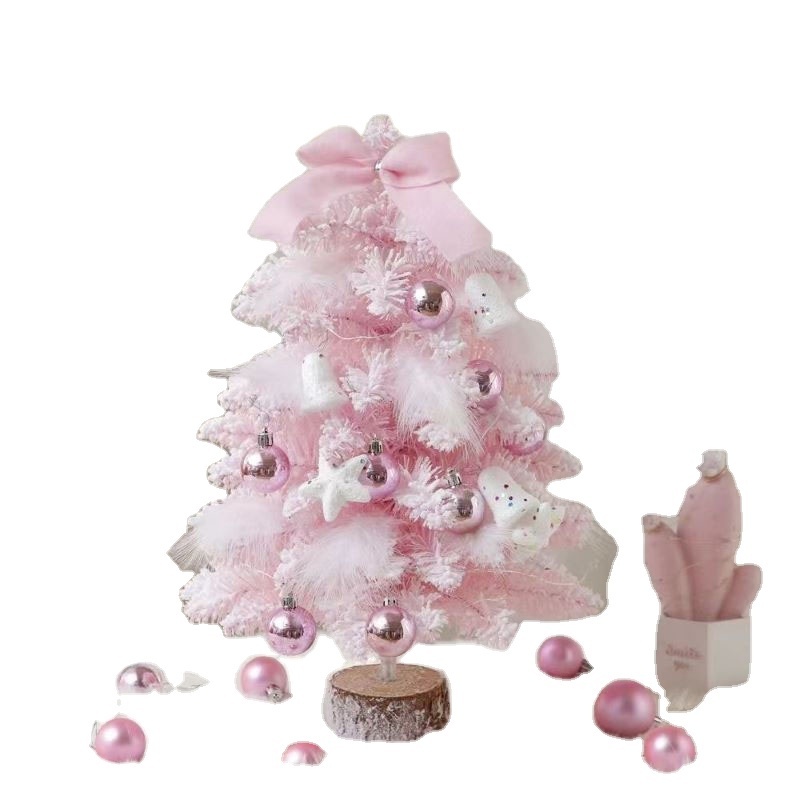 The Christmas small flocking tree is a Mini Christmas tree with drooping pink branches, which is beautifully decorated