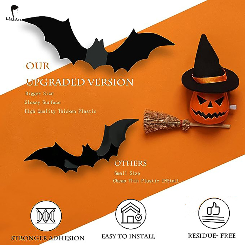 helen Halloween Decor Bats Wall Decor Halloween Supplies 64 Pcs Reusable PVC 3D Black Bats Stickers for Creepy Home