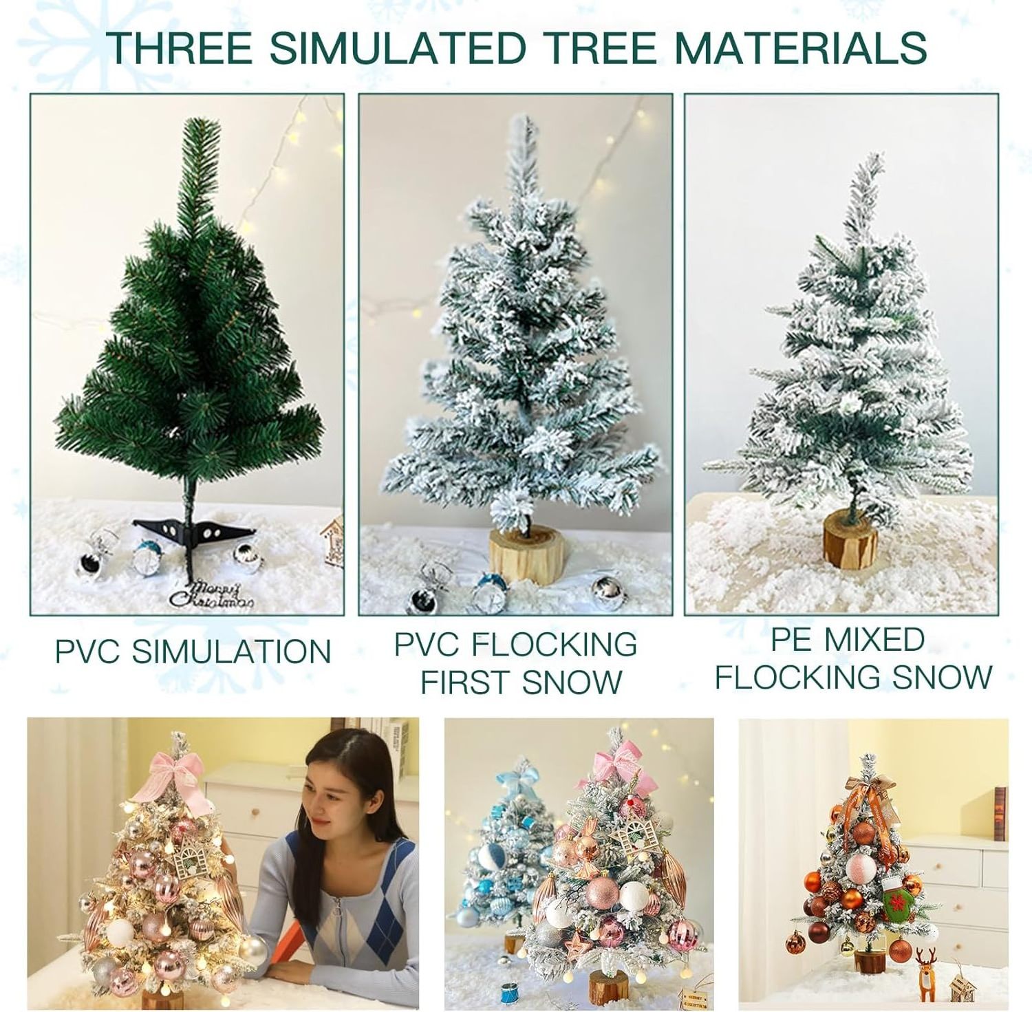 New Snow flocked Christmas tree with wooden base, wooden base mini Christmas tree suitable for Christmas decorations