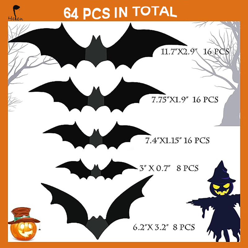 helen Halloween Decor Bats Wall Decor Halloween Supplies 64 Pcs Reusable PVC 3D Black Bats Stickers for Creepy Home