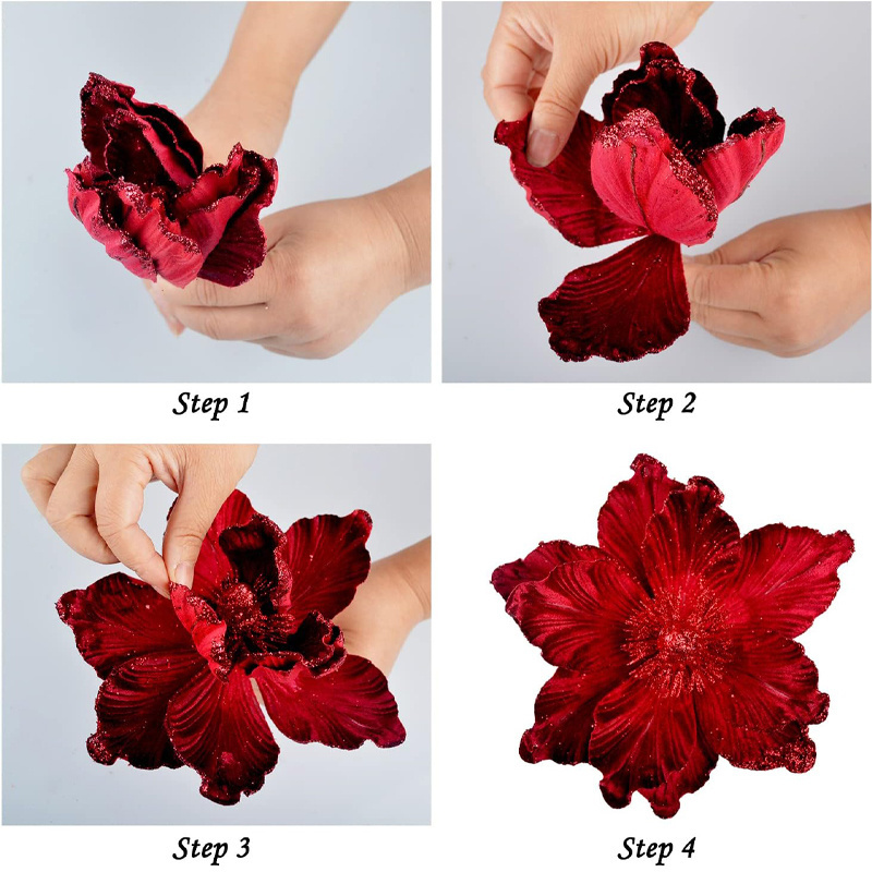 Velvet Christmas flower ornament sparkly reusable artificial flower For the New Year holiday decoration