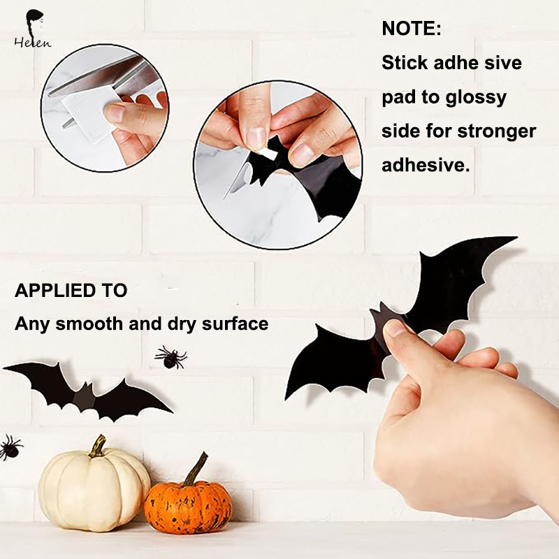 helen Halloween Decor Bats Wall Decor Halloween Supplies 64 Pcs Reusable PVC 3D Black Bats Stickers for Creepy Home