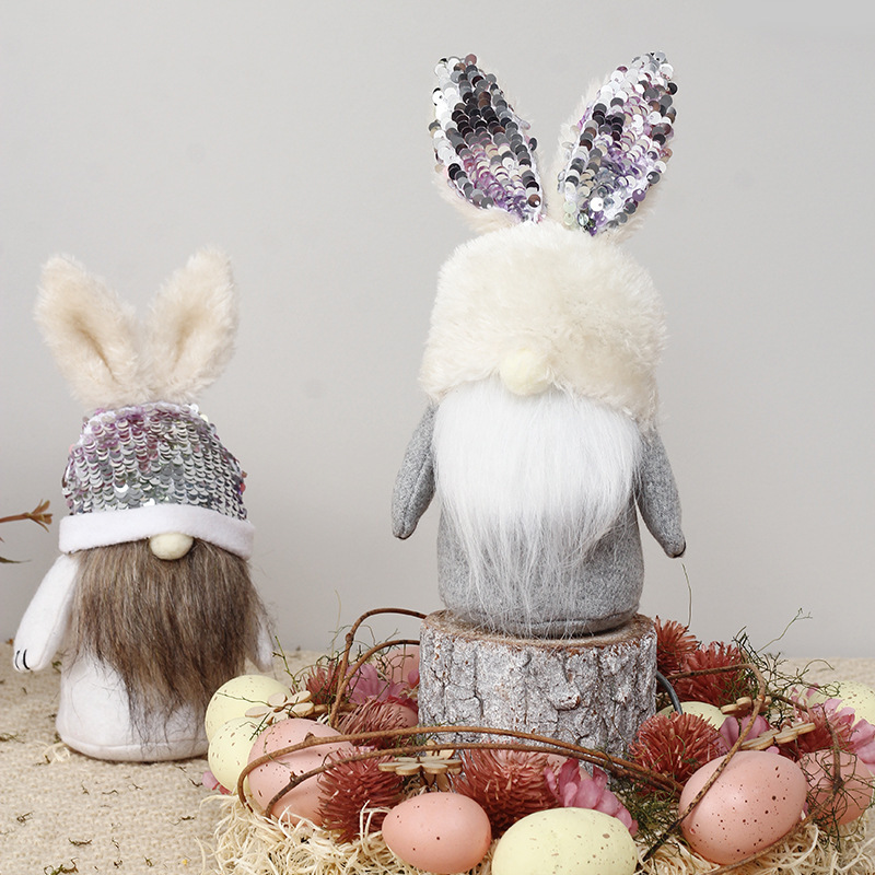 2 pcs Easter decorations sequin rabbit faceless old man doll with beard for home decoration