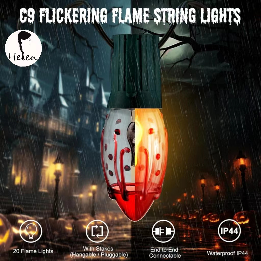 24.2ft Halloween Flame String Lights - 20 Lights C9 String Pathway Lights with Stakes Halloween Decoration