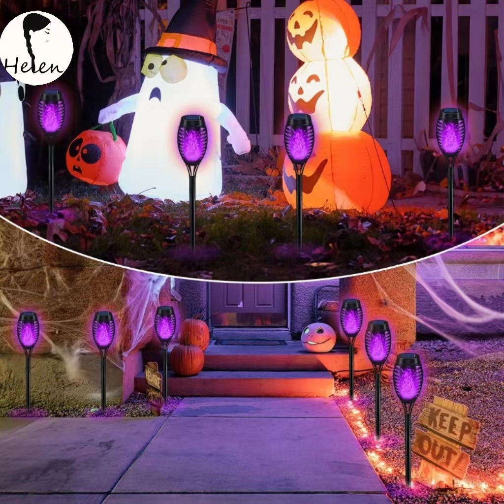 Halloween Lights Outdoor for Halloween Decor Purple Flickering Flame Solar Torch Lights for Outside Halloween Decorations