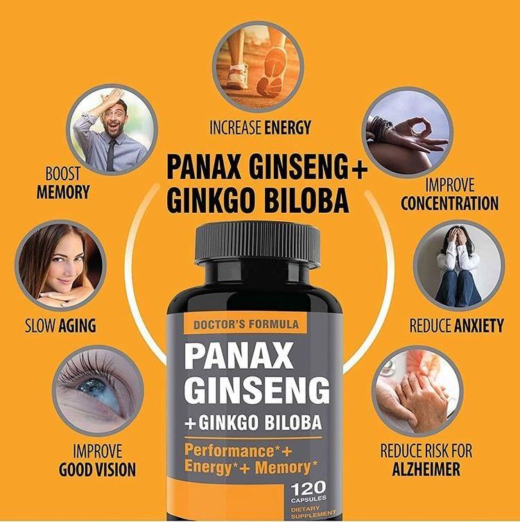 Amazon Hot Selling In Stock Korean Red Panax Ginseng + Ginkgo Biloba Ginseng Root Extract Powder Ginseng Herbal Capsules