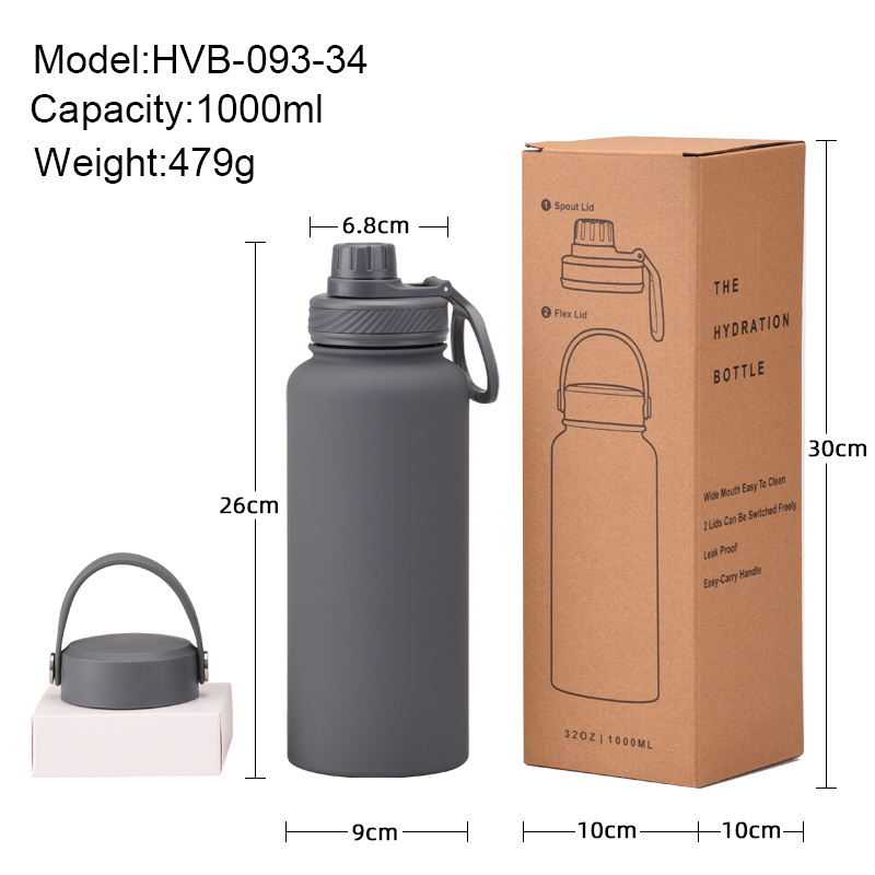 Wide Mouth Double Wall Eco Friendly 32 oz Drink Sport Insulated Stainless Steel Flask Water Bottle 1L with Straw and 2 lids