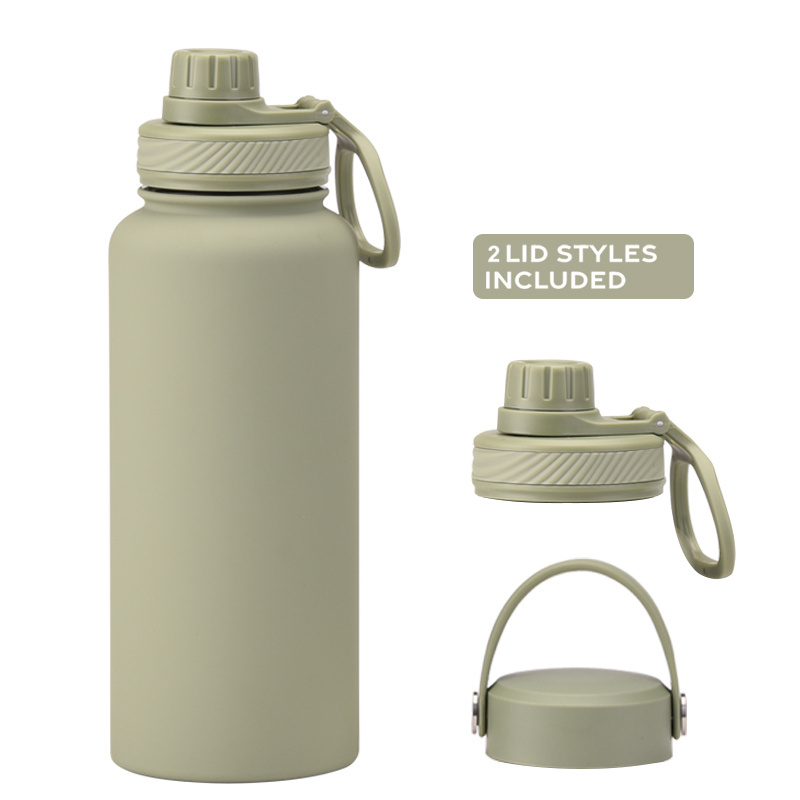 Wide Mouth Double Wall Eco Friendly 32 oz Drink Sport Insulated Stainless Steel Flask Water Bottle 1L with Straw and 2 lids