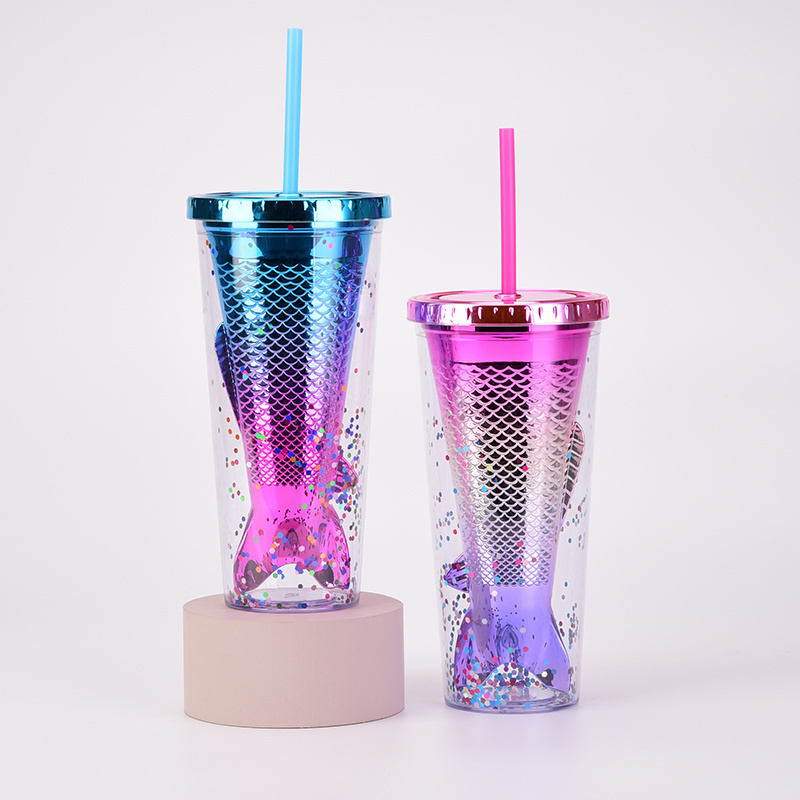 Top quality customized double wall plastic Ocean Series Mermaid plated fish tail glitter coffee mug with lid and  straw in bulk