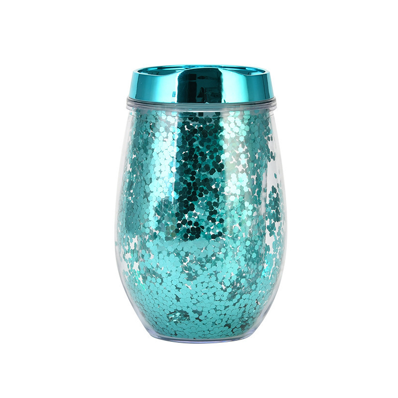 Bling bling wine glass tumbler double wall holographic stemless glitter wine tumbler with metallic lid insulated cups