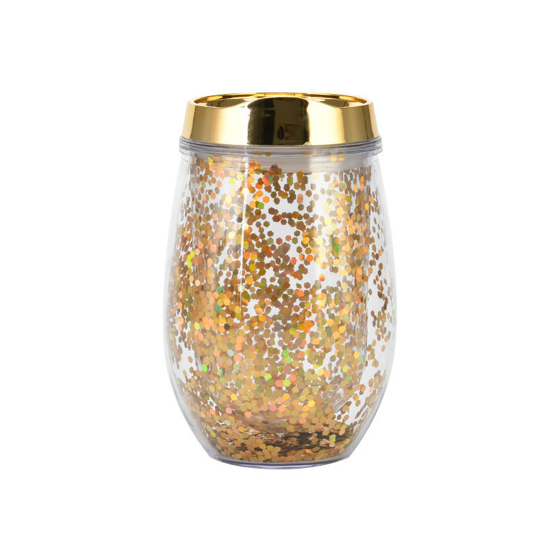 Bling bling wine glass tumbler double wall holographic stemless glitter wine tumbler with metallic lid insulated cups