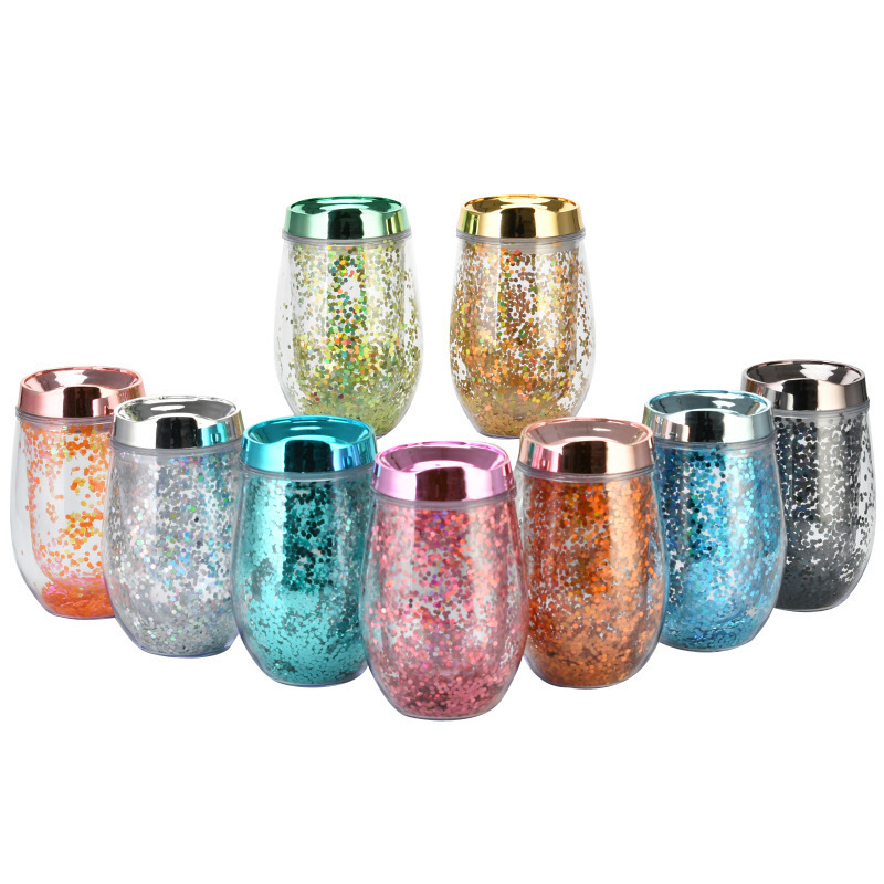 Bling bling wine glass tumbler double wall holographic stemless glitter wine tumbler with metallic lid insulated cups