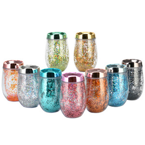 Bling bling wine glass tumbler double wall holographic stemless glitter wine tumbler with metallic lid insulated cups