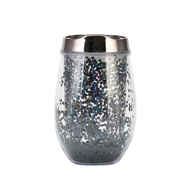 Bling bling wine glass tumbler double wall holographic stemless glitter wine tumbler with metallic lid insulated cups