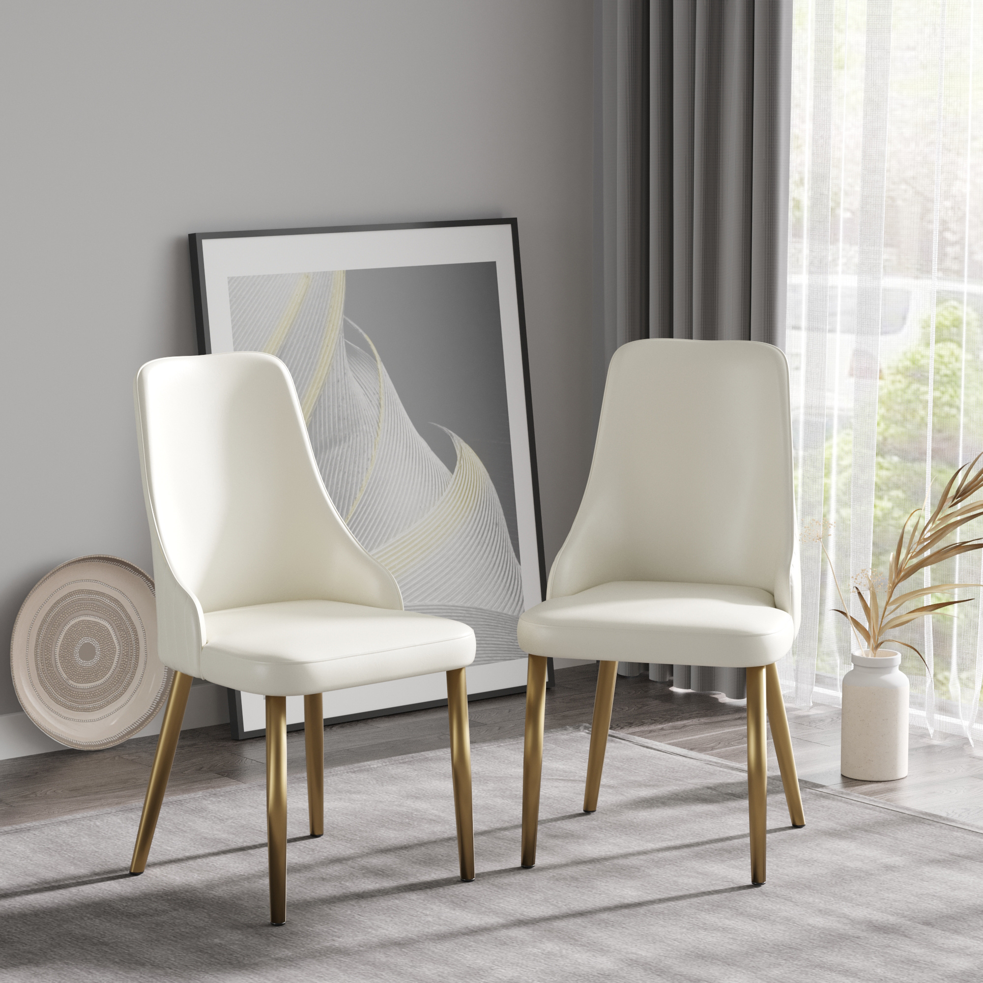 Nordic Leather Dining Chair With Metal Leg Beige Upholstered Chairs Stainless Steel Frame