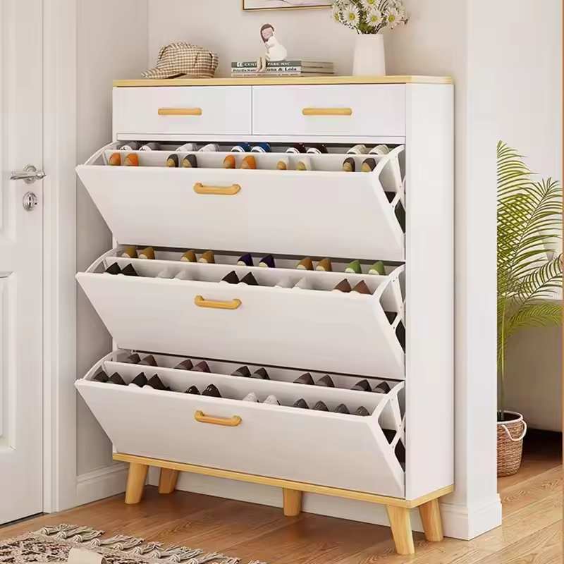 Modern Entryway 2 Drawer MDF Wooden Shoe Rack Large Capacity White Thin Shoe Storage Cabinet for Home