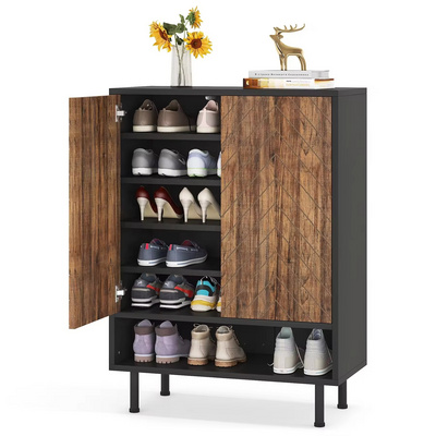 Black Wooden Living Room Furniture Shoe Rack with Door 6 Tiers Modern Entryway Storage Shoe Cabinet