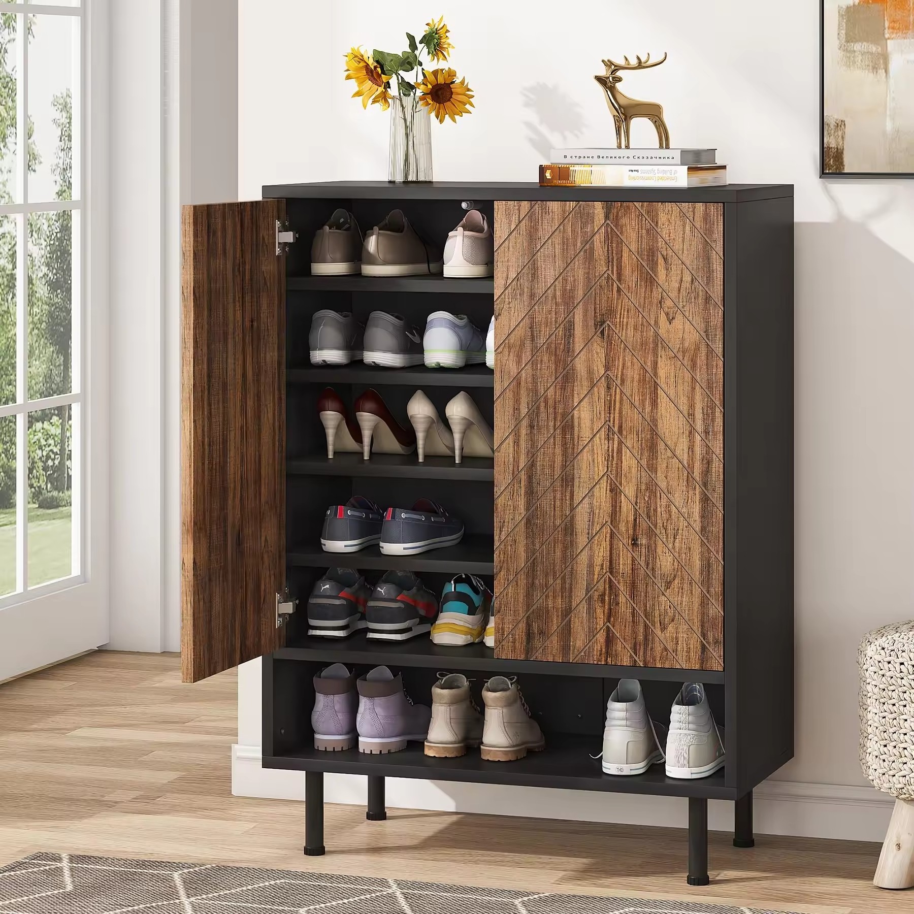 Black Wooden Living Room Furniture Shoe Rack with Door 6 Tiers Modern Entryway Storage Shoe Cabinet