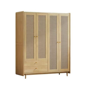 Simple Modern Nordic Solid Wood Wardrobe with Four Doors Rattan Japanese Bedroom Clothes Cabinet with 2 Drawers Large Wardrobe