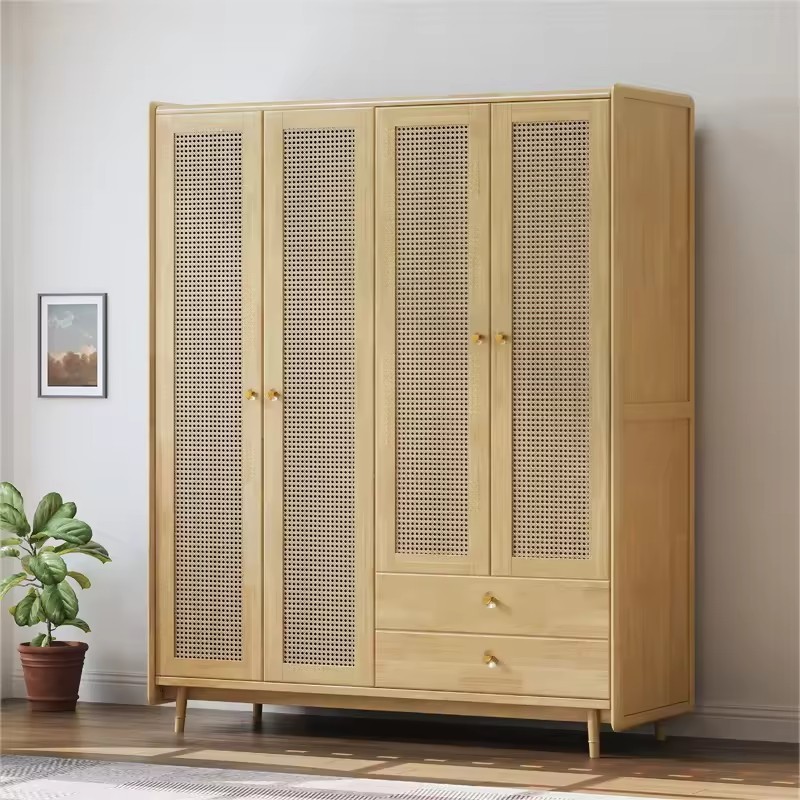 Simple Modern Nordic Solid Wood Wardrobe with Four Doors Rattan Japanese Bedroom Clothes Cabinet with 2 Drawers Large Wardrobe