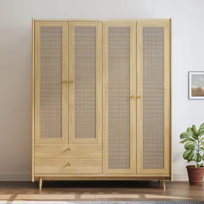 Simple Modern Nordic Solid Wood Wardrobe with Four Doors Rattan Japanese Bedroom Clothes Cabinet with 2 Drawers Large Wardrobe